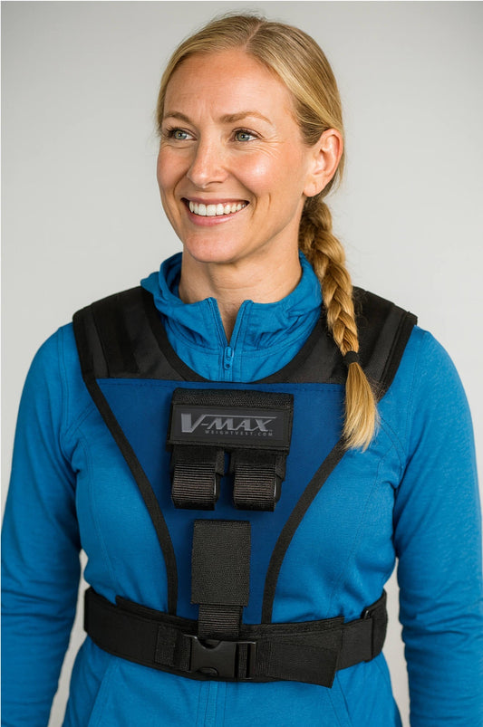 Smiling blonde woman wearing a V-MAX® weight vest over a blue fitness jacket, demonstrating comfortable fit and durability of premium training gear