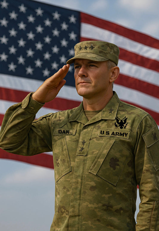 U.S. Army three-star general standing at attention and saluting the American flag, symbolizing strength, discipline, and military leadership