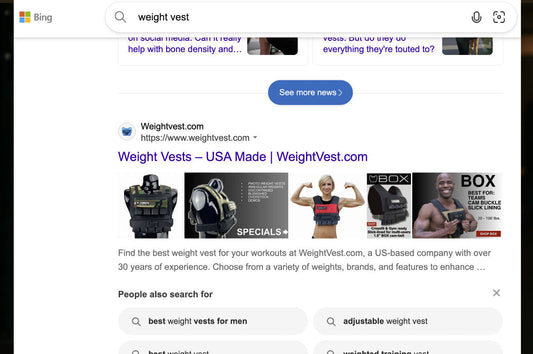 Bing.com search results page showing weight vests from WeightVest.com and other retailers, including V-Force, V-MAX, and BOX weighted vests with prices and product details.