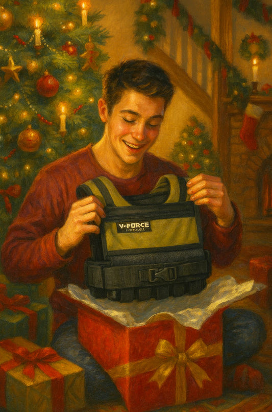 Young man opening weight vest present on Christmas day.