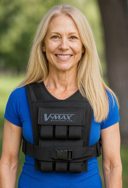 Alt text: **Fit middle-aged woman with long blonde hair wearing a black 30 lb. compact V-MAX™ weight vest from WeightVest.com, smiling outdoors in a sunny park while wearing a blue athletic top.**