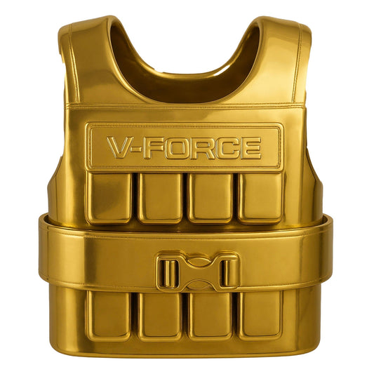 Polished solid gold V-FORCE weight vest with reflective shine, luxury fitness gear concept, illustrating how a standard 45 lb iron weight vest would weigh over 110 lbs if made from pure gold