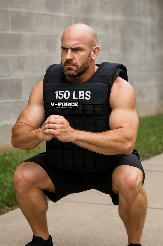 150 lb V-Force® Weight Vest, black with iron bars – “V-Force® 100 lb weight vest, durable USA-made design for advanced strength training.”