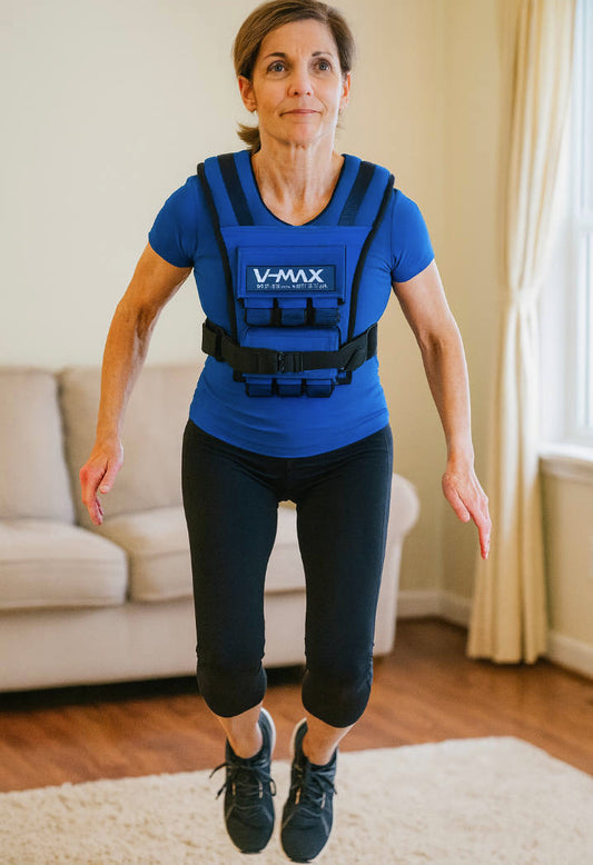 Postmenopausal woman wearing a blue V-MAX weight vest performs light jump exercise to strengthen hip bones indoors
