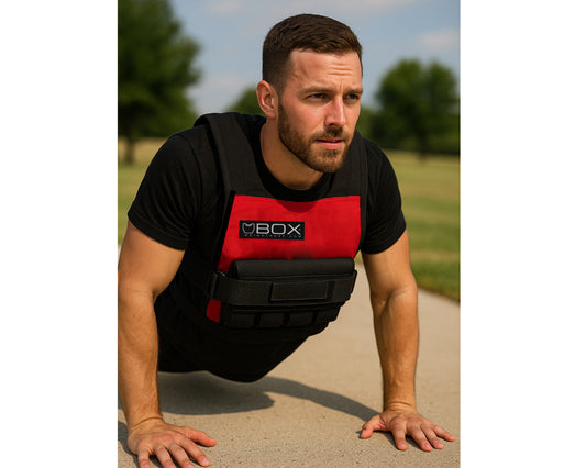 BOX® red weight vest – compact 20 lb adjustable training vest from WeightVest.com, durable USA design