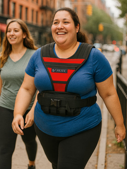 "Smiling plus-size woman wearing a red V-MAX weight vest walking with her friend on a New York City sidewalk for fat loss and fitness."