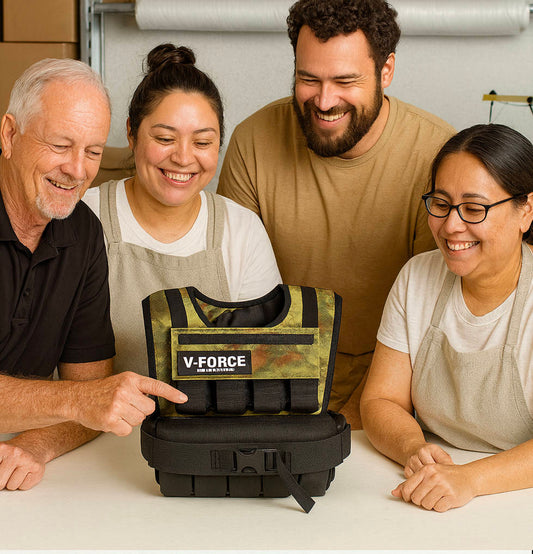 Four smiling workshop technicians proudly examine a completed V-Force® camouflage weight vest on a table, symbolizing high-quality craftsmanship and durable construction at WeightVest.com