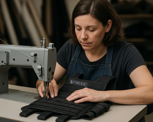 Woman sewing a black weight vest on an industrial sewing machine — USA-made fitness gear with reinforced stitching