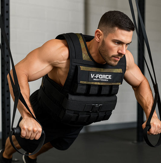 "Man performing suspension push-ups with straps while wearing a V-Force® Short Narrow 45 lb. weight vest from WeightVest.com for advanced bodyweight training."