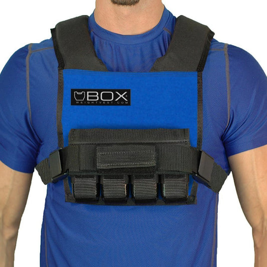 Man in blue shirt wearing a 20 lb. weight vest