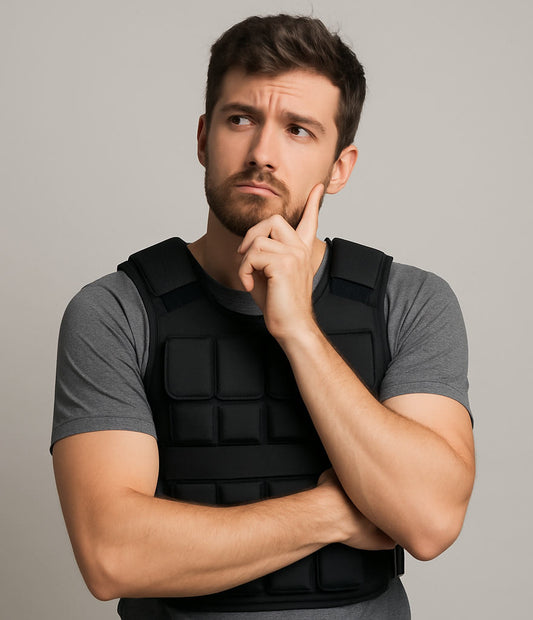 Man wearing a black weight vest with arms crossed, hand on cheek, looking upward with a thoughtful and curious expression against a neutral background.