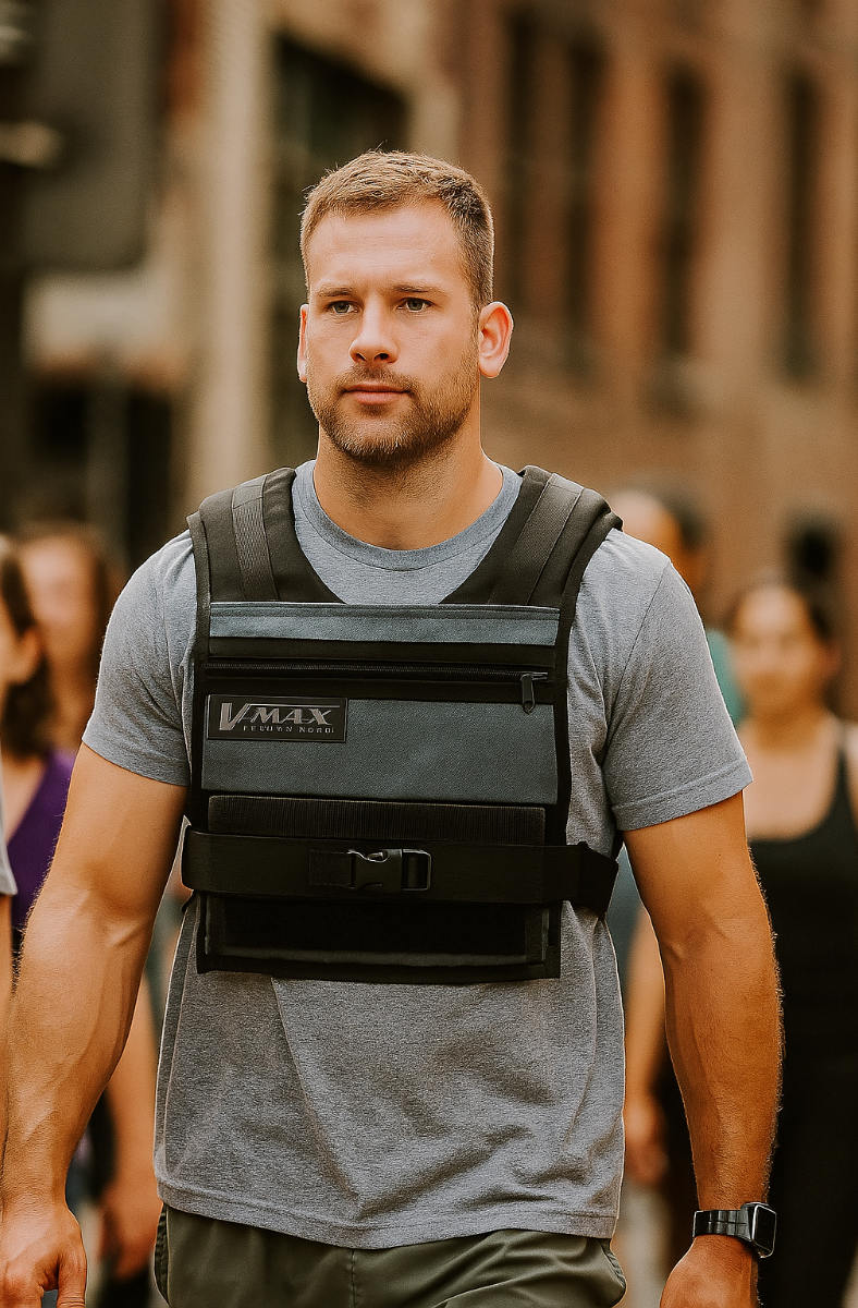 Man wearing 25 lb V-MAX weight vest walking on city street