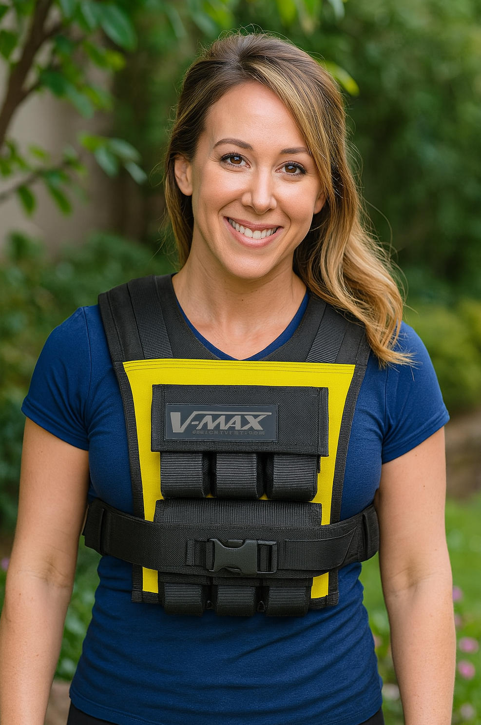 Woman walking outdoors in sunshine 30 lb. V-Max Compact Weight Vest, lightweight slim fit with removable 2.5 lb. weights for cardio and endurance training