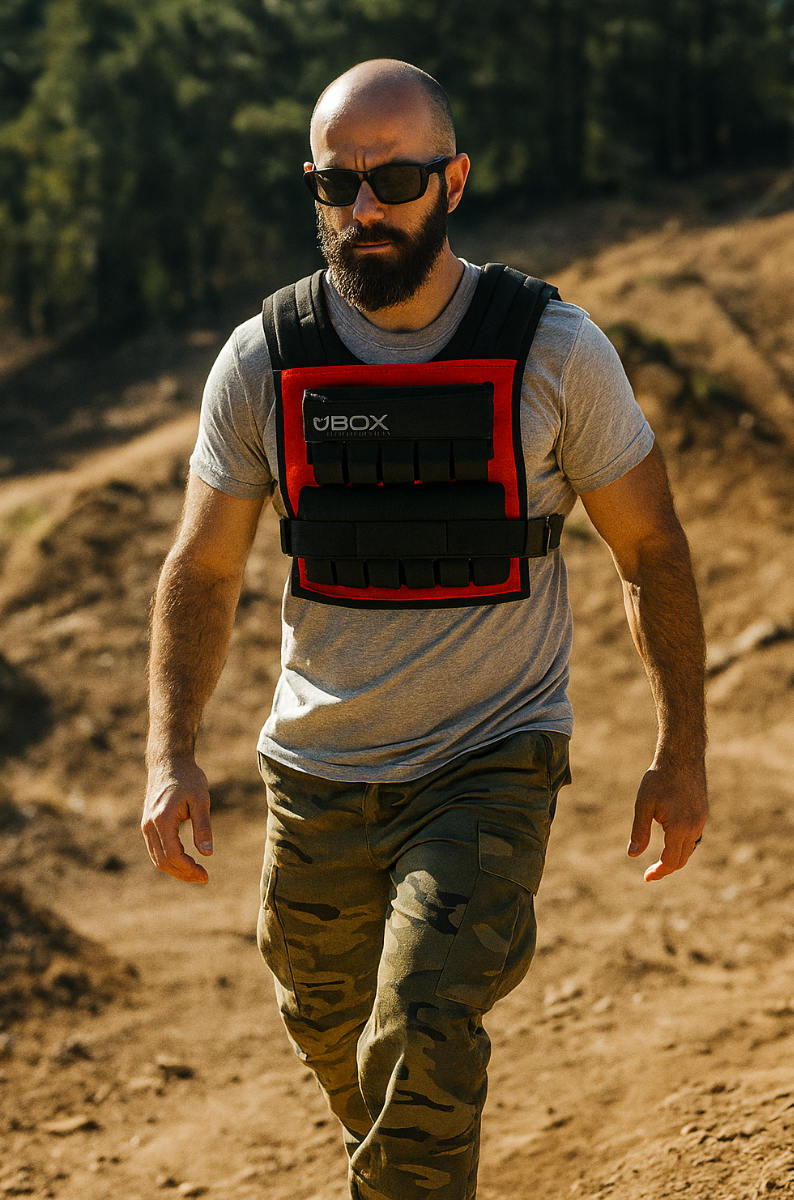 Man walking outdoors with 45 lb BOX weight vest on dirt trail