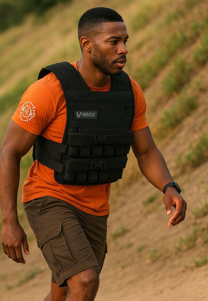 Man hiking uphill wearing a 45 lb long V-MAX weight vest and firefighter T-shirt for fitness training