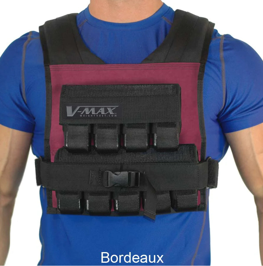 V-Max 45 lb adjustable weight vest in Bordeaux – made in USA weighted vest for strength training, CrossFit, firefighter CPAT, and tactical fitness.