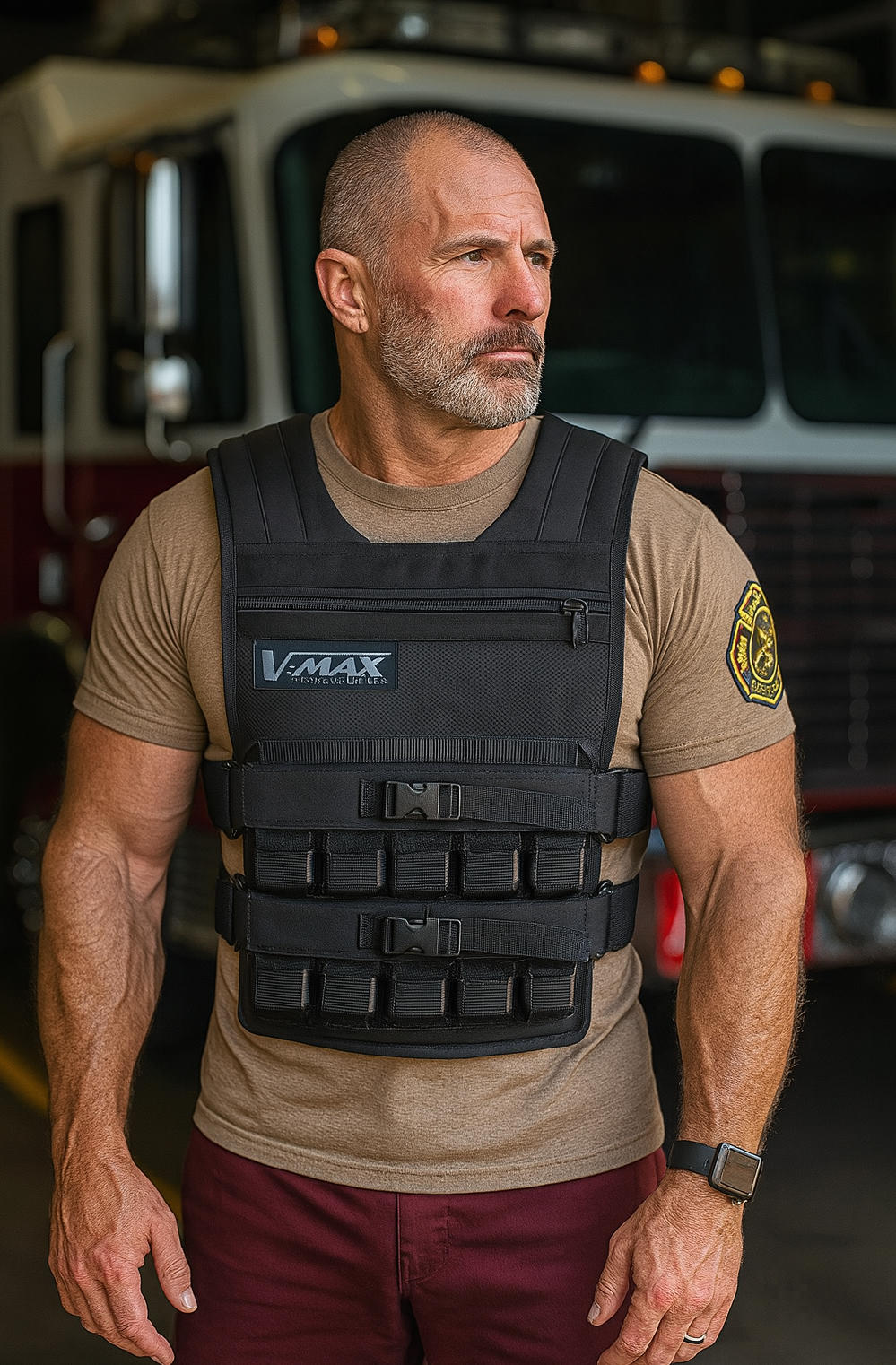 Man wearing a V-MAX weight vest standing near fire truck for firefighter training