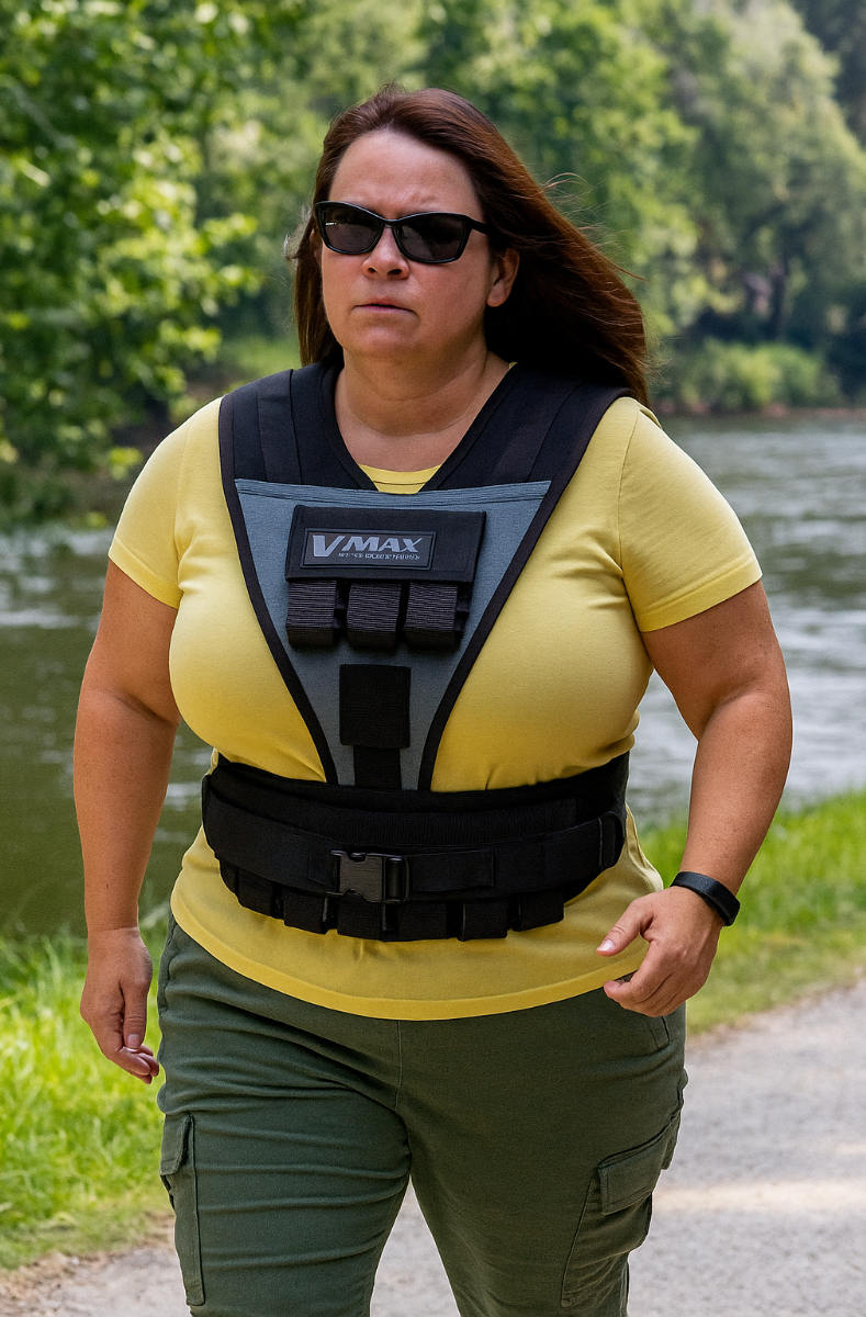 Woman wearing 30 lb V-MAX weight vest outdoors near river