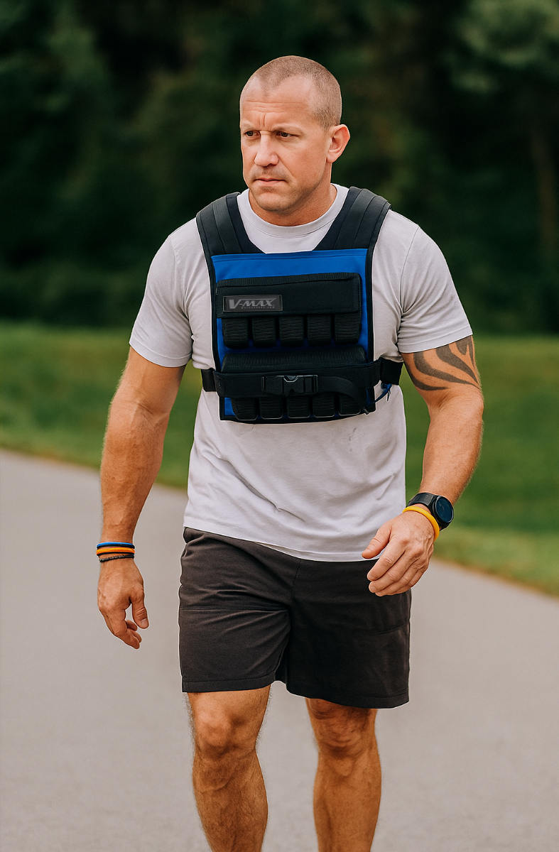 Man walking outdoors wearing 50 lb V-MAX short weight vest in Mariner Blue