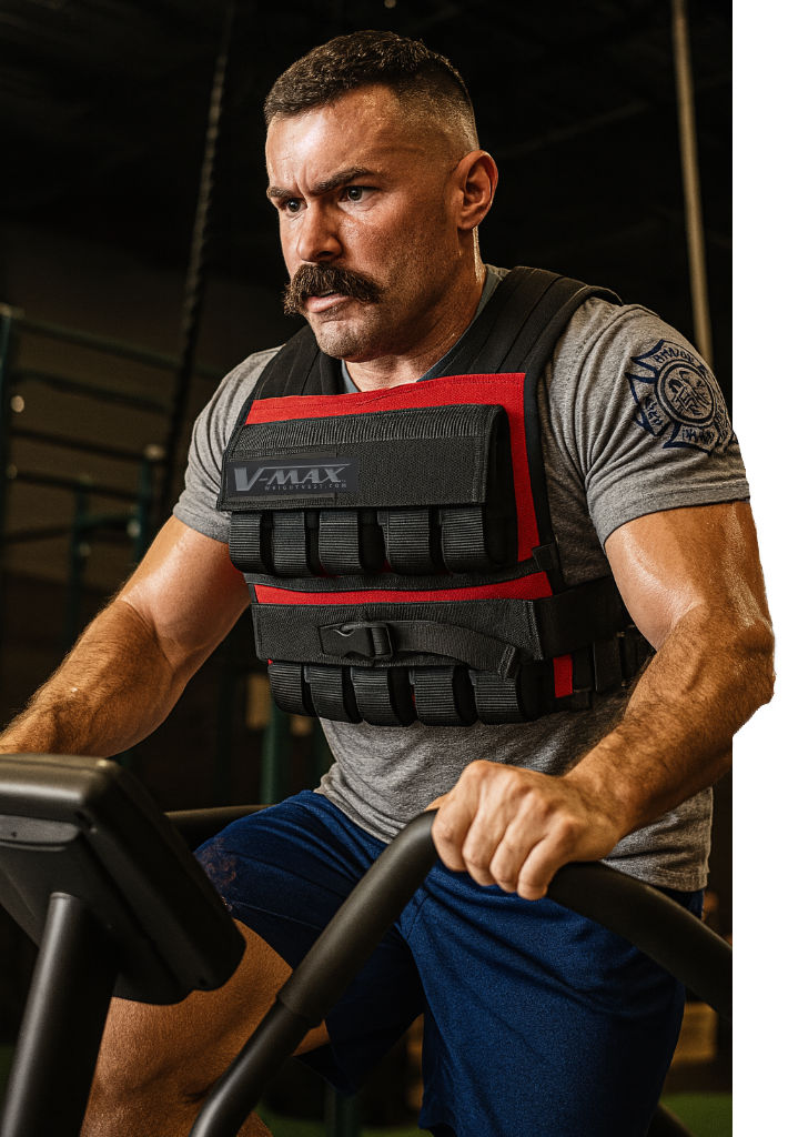 Firefighter training on stair stepper wearing V-MAX weight vest in gym