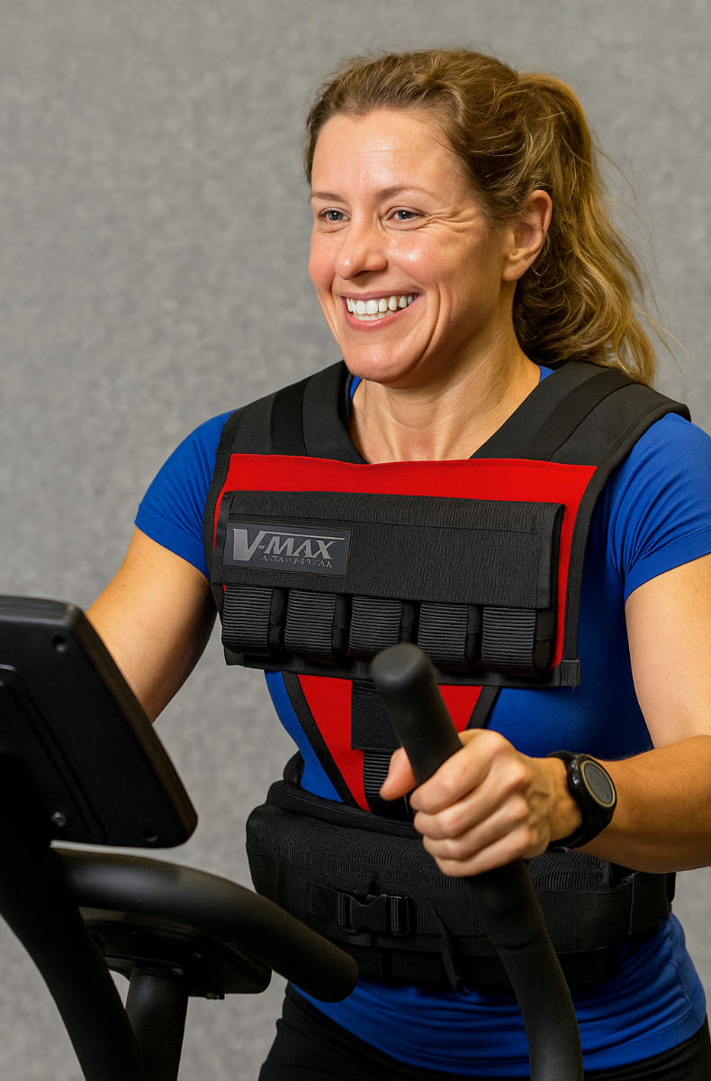 Woman using stair stepper wearing 75 lb. V-MAX weight vest