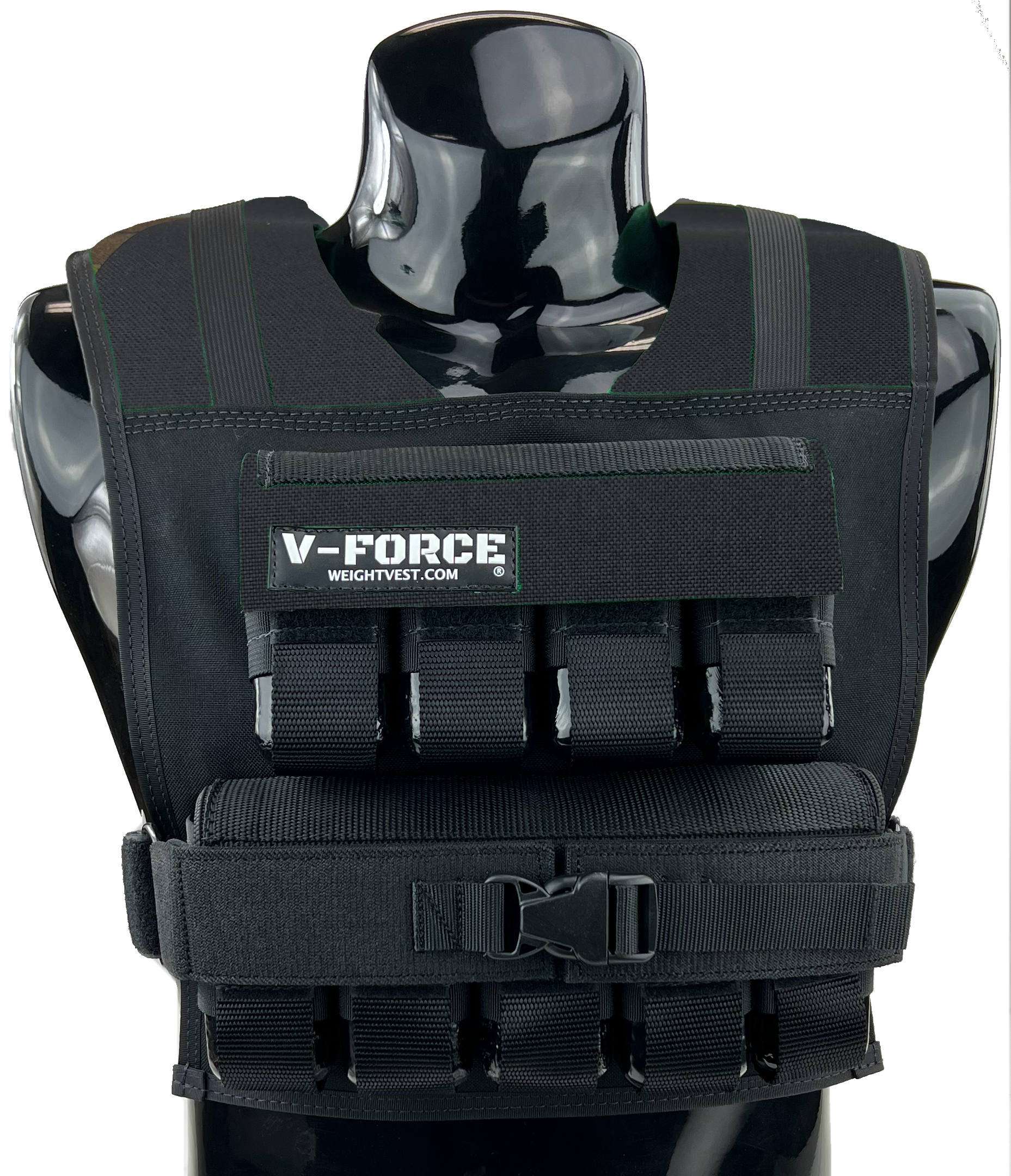 V-FORCE 45 lb black weight vest on black mannequin – USA-made military-style short weighted vest for tactical training, CrossFit, and strength workouts