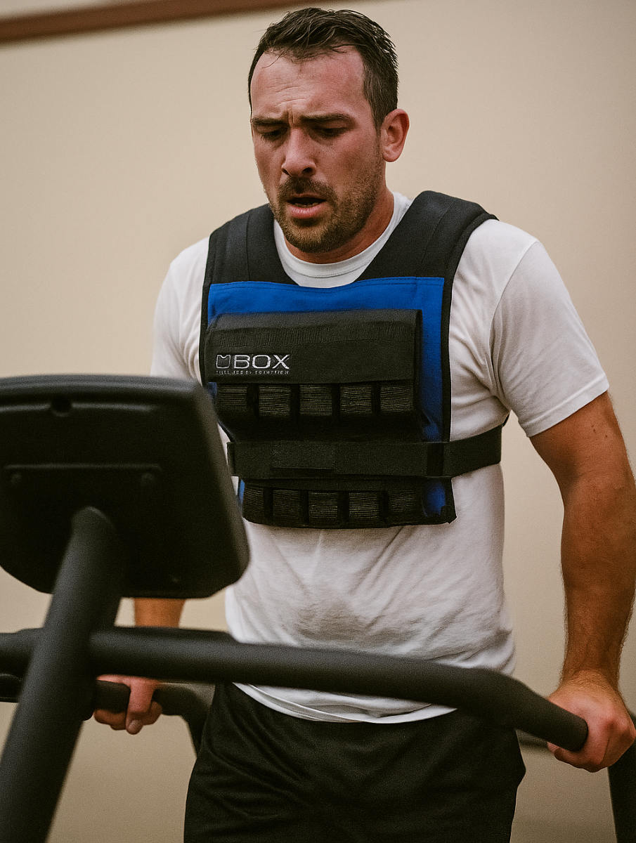 Man walking on treadmill wearing 40 lb BOX weight vest