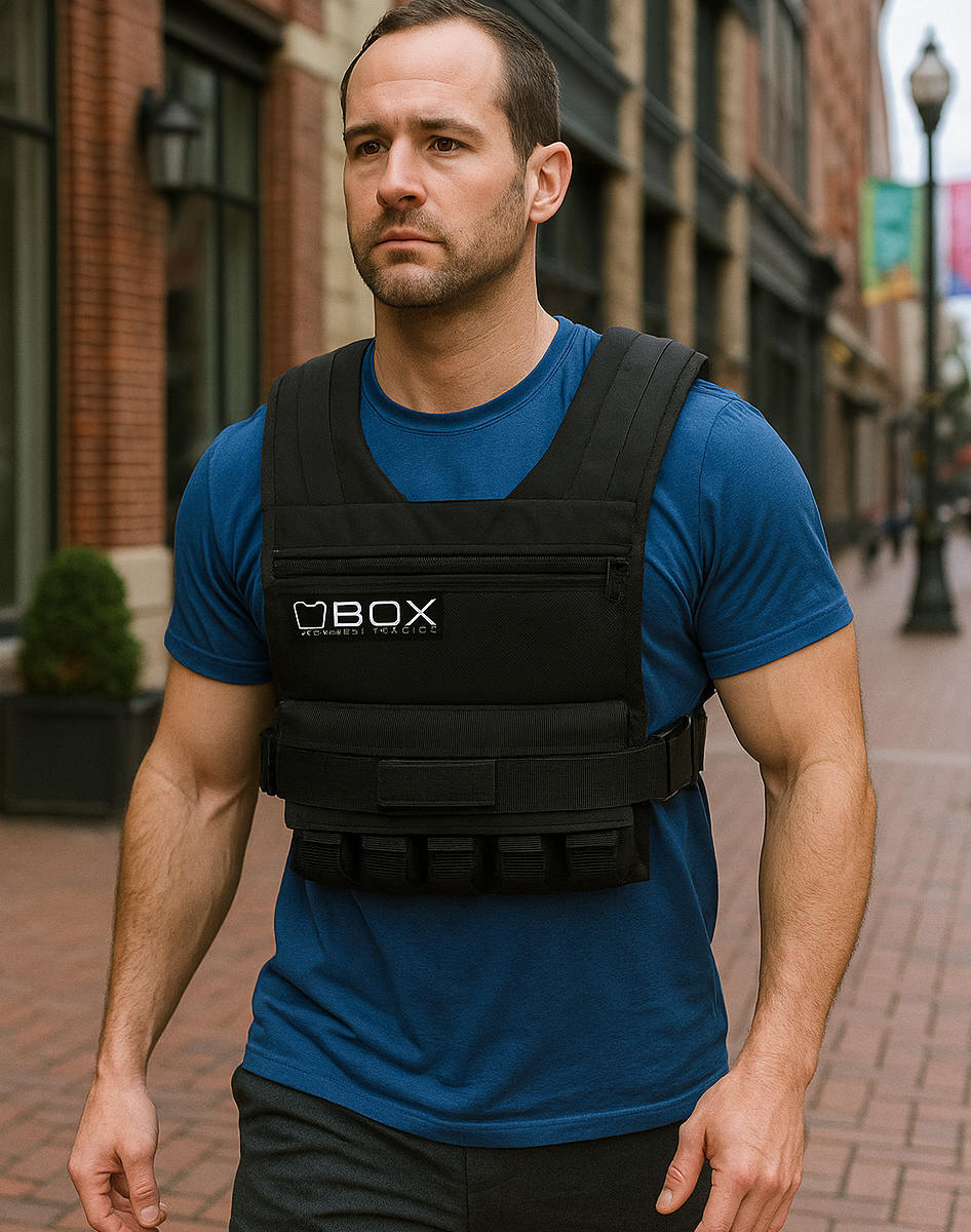 Man urban rucking with 25 lb BOX weight vest in city setting