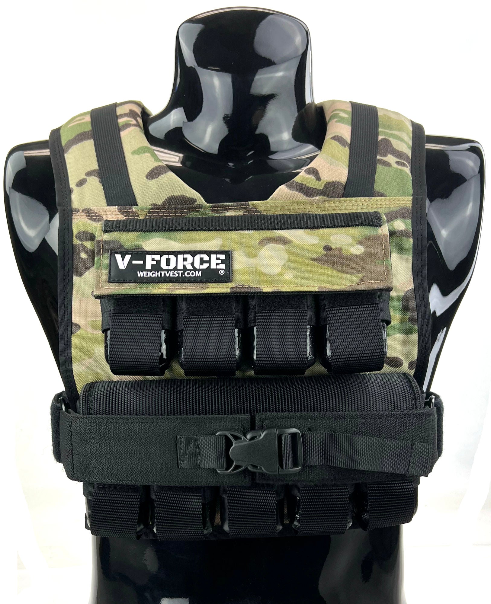 V-FORCE 45 lb Multicam weight vest on black mannequin – USA-made military-style short weighted vest for tactical training, CrossFit, and strength workouts