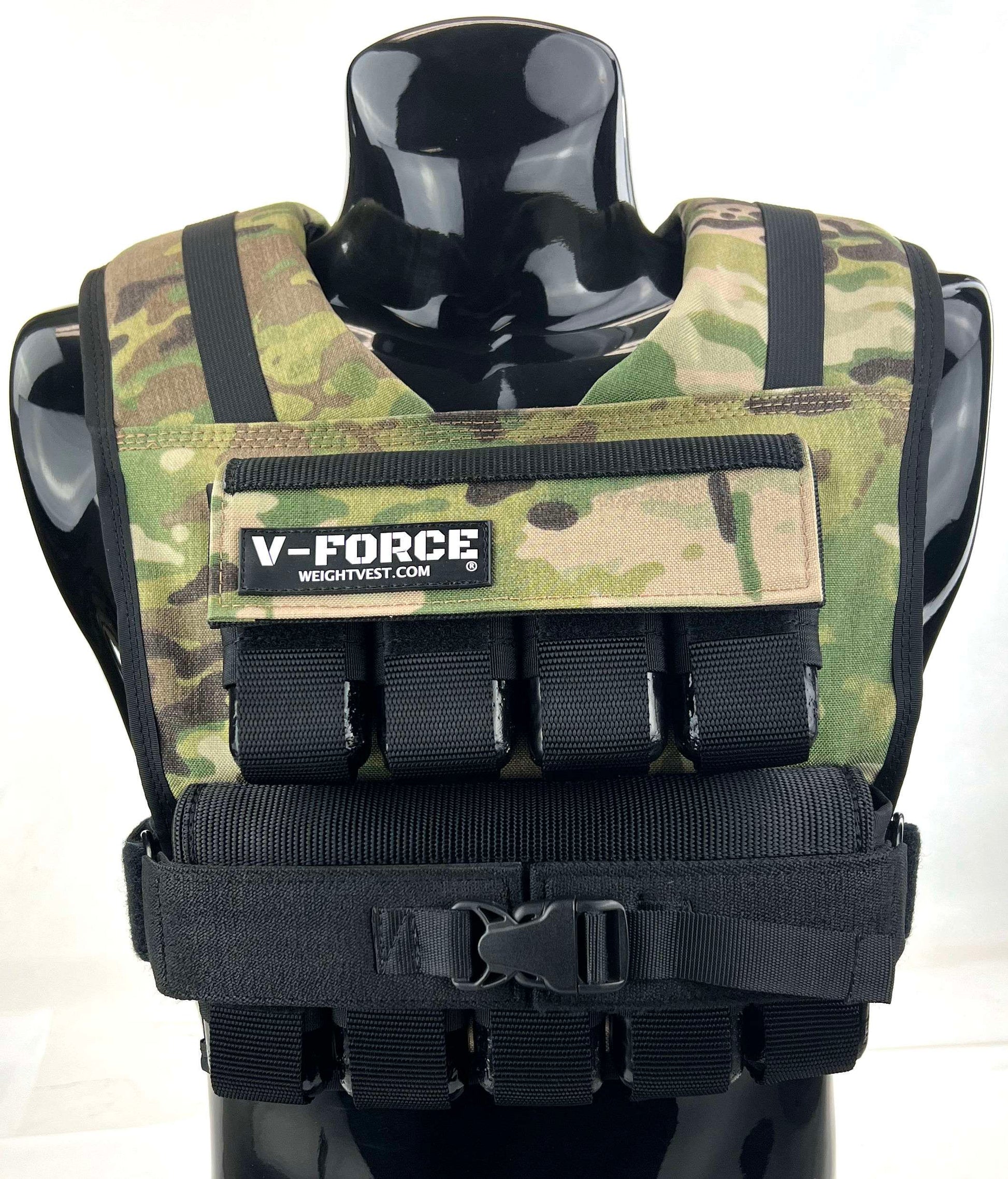 V-FORCE 45 lb Multicam weight vest on black mannequin – USA-made military-style short weighted vest for tactical training, CrossFit, and strength workouts