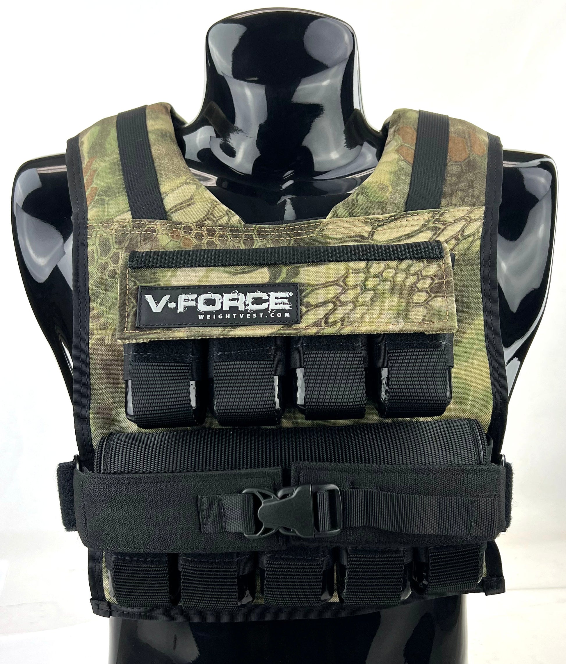 V-FORCE 45 lb mandrake weight vest on black mannequin – USA-made military-style short weighted vest for tactical training, CrossFit, and strength workouts