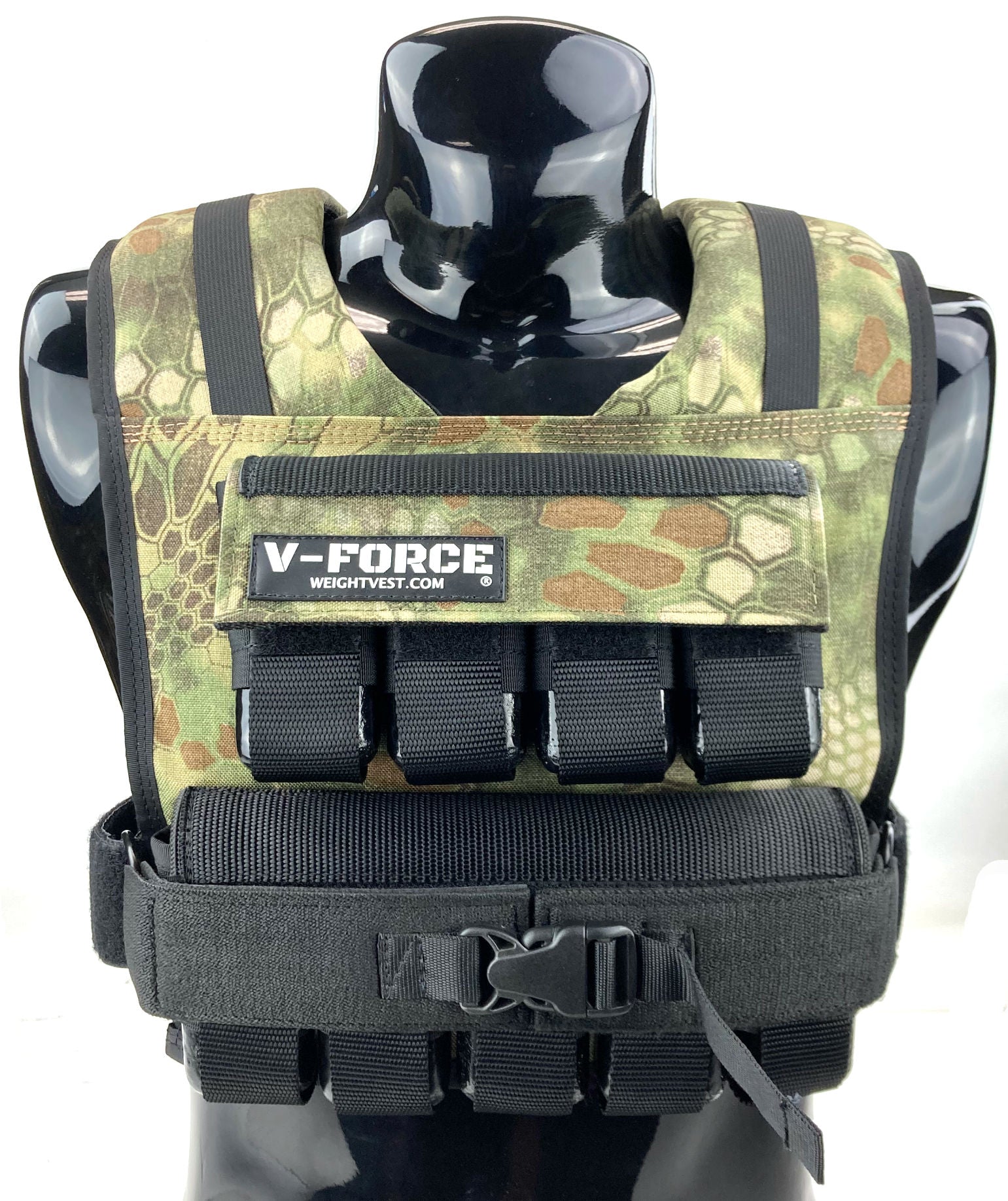 V-FORCE 45 lb highlander color weight vest on black mannequin – USA-made military-style short weighted vest for tactical training, CrossFit, and strength workouts