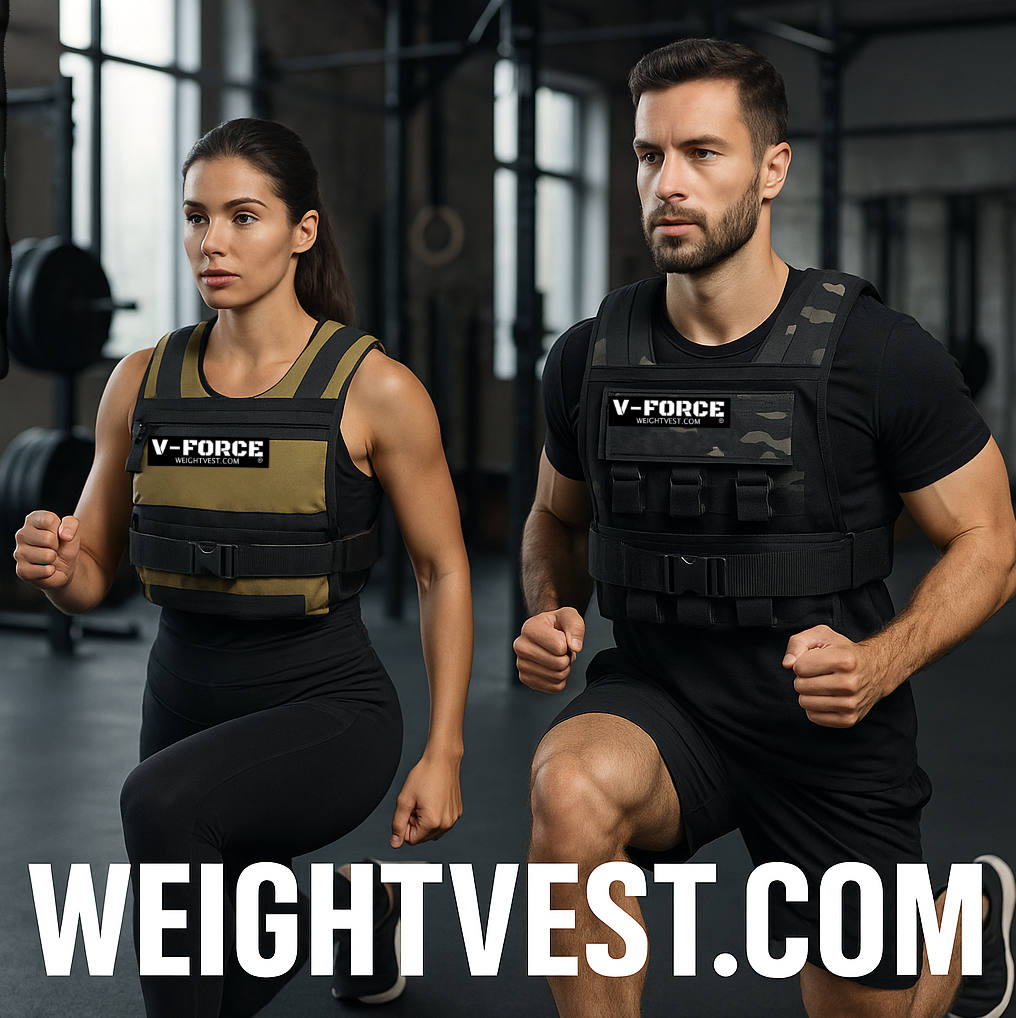 Man and woman doing lunges in a gym wearing V-Force weight vests by WeightVest.com for strength training