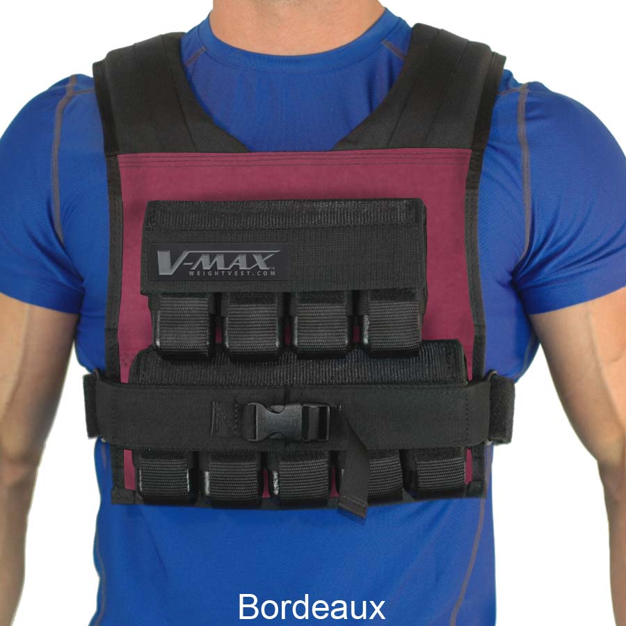 V-Max 45 lb adjustable weight vest in color bordeaux – made in USA weighted vest for strength training, CrossFit, firefighter CPAT, and tactical fitness.