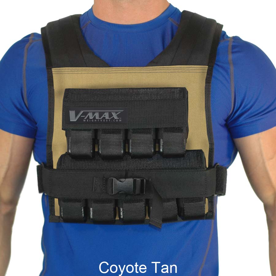V-Max 45 lb adjustable weight vest in color tan – made in USA weighted vest for strength training, CrossFit, firefighter CPAT, and tactical fitness.
