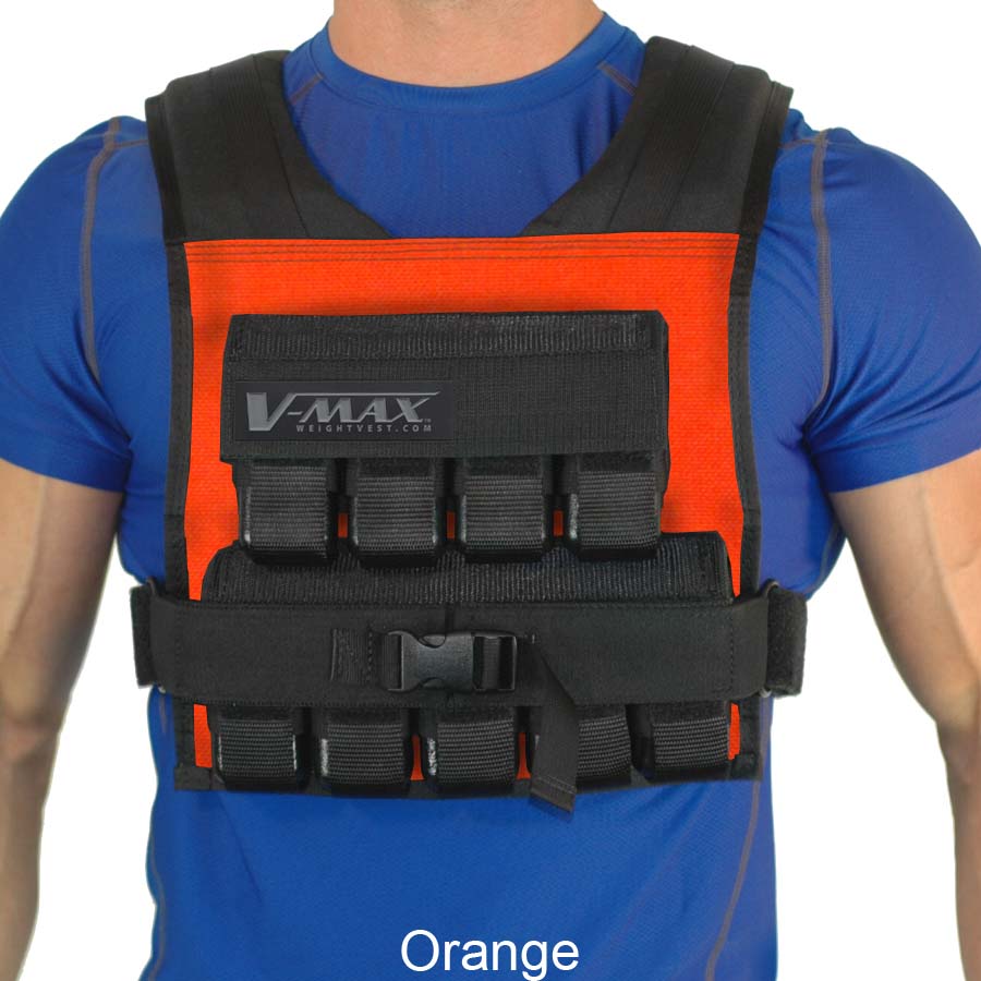 V-Max 45 lb adjustable weight vest in orange – made in USA weighted vest for strength training, CrossFit, firefighter CPAT, and tactical fitness.