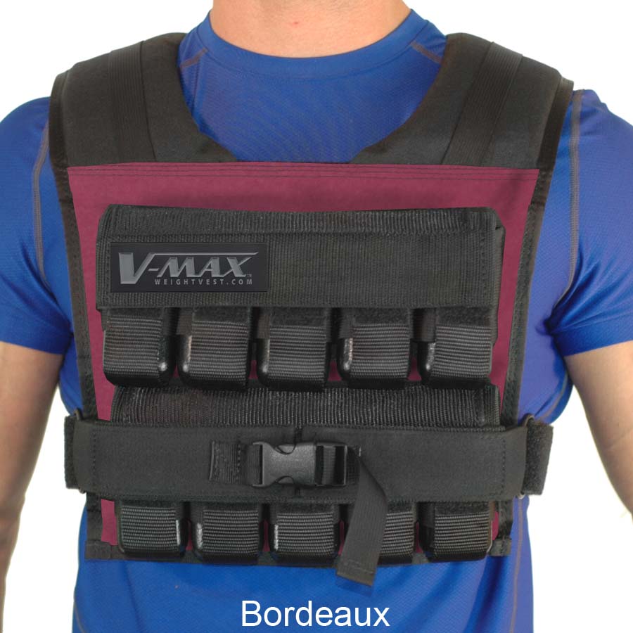 V-Max 50 lb adjustable weight vest in bordeaux –  made in USA weighted vest for strength training, CrossFit, firefighter CPAT, and tactical fitness.