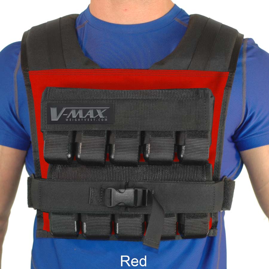 V-Max 50 lb adjustable weight vest in red  –  made in USA weighted vest for strength training, CrossFit, firefighter CPAT, and tactical fitness.