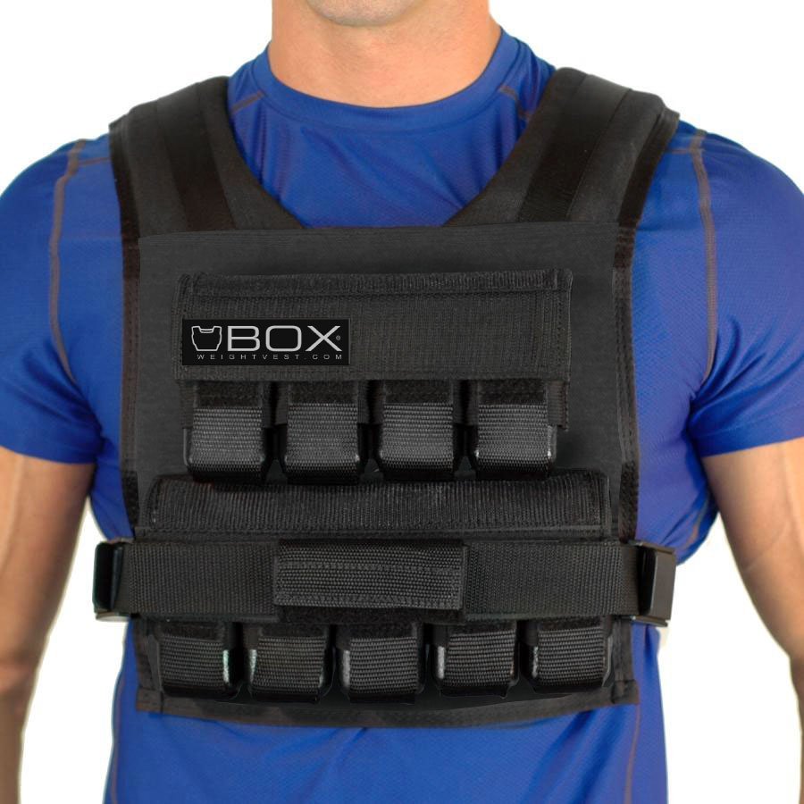 Man wearing BOX 45 lb CrossFit and gym-specific weight vest in black – USA-made short weighted vest for high-intensity training and strength workouts