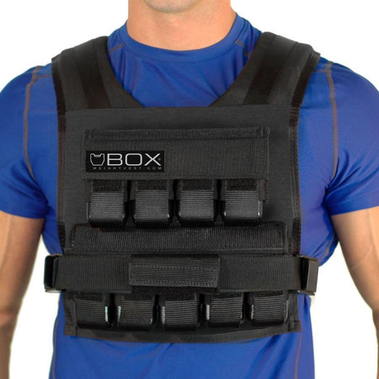 Man wearing BOX 45 lb CrossFit and gym-specific weight vest in black – USA-made short weighted vest for high-intensity training and strength workouts