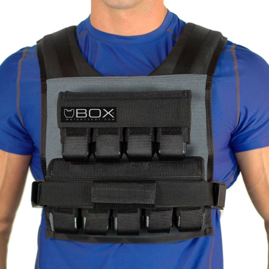Man wearing BOX 45 lb CrossFit and gym-specific weight vest in coal – USA-made short weighted vest for high-intensity training and strength workouts