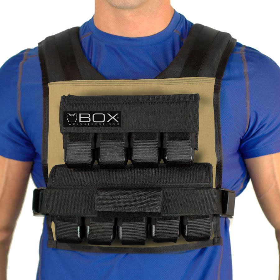 Man wearing BOX 45 lb CrossFit and gym-specific weight vest in tan – USA-made short weighted vest for high-intensity training and strength workouts