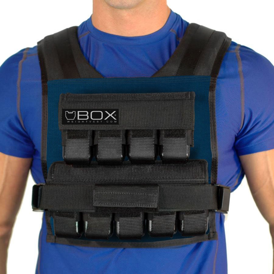 Man wearing BOX 45 lb CrossFit and gym-specific weight vest in old navy – USA-made short weighted vest for high-intensity training and strength workouts