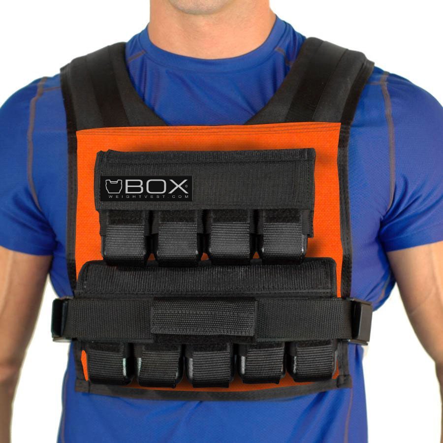 Man wearing BOX 45 lb CrossFit and gym-specific weight vest in orange – USA-made short weighted vest for high-intensity training and strength workouts