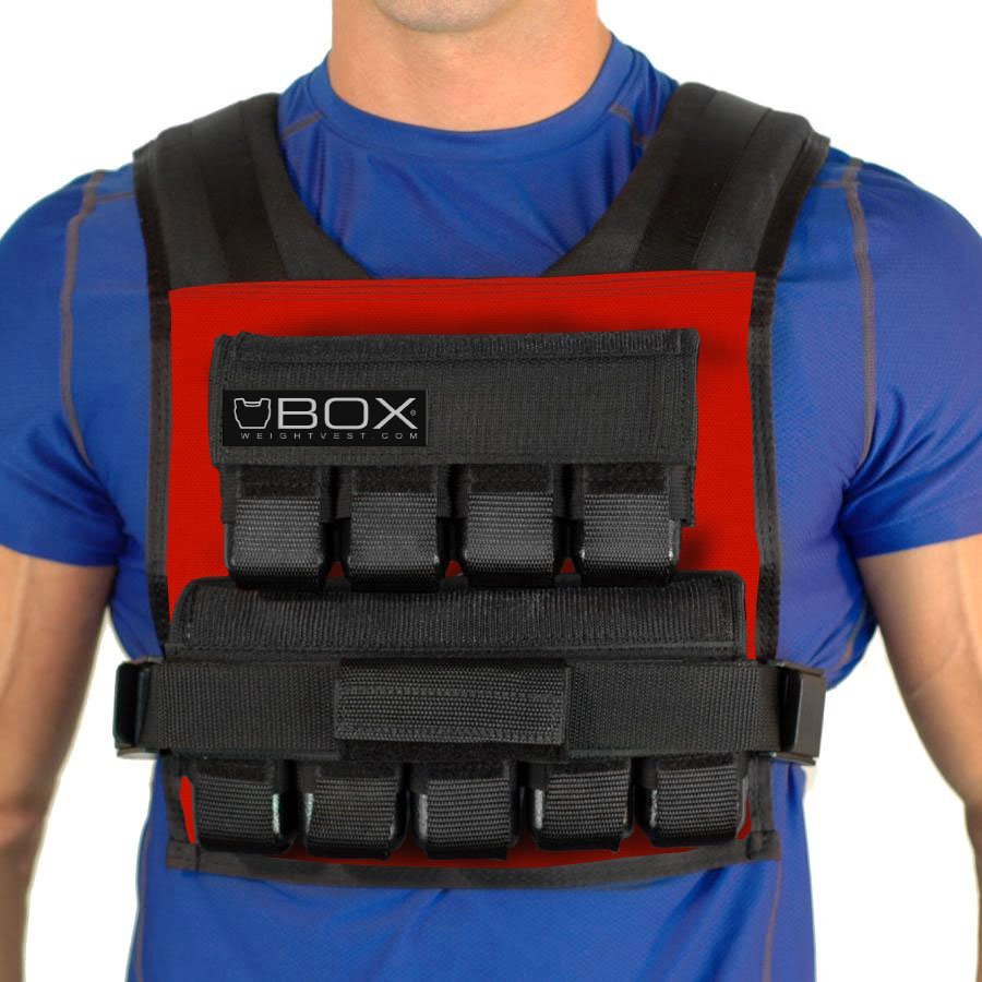Man wearing BOX 45 lb CrossFit and gym-specific weight vest in red – USA-made short weighted vest for high-intensity training and strength workouts
