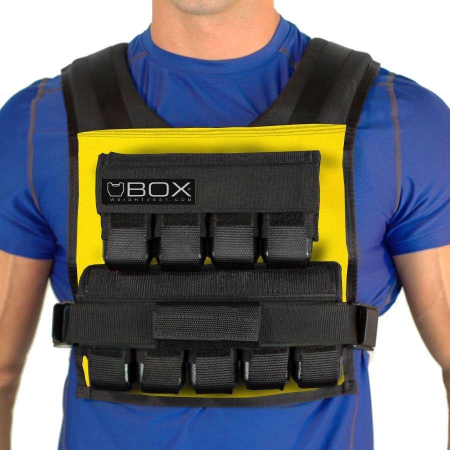 Man wearing BOX 45 lb CrossFit and gym-specific weight vest in yellow – USA-made short weighted vest for high-intensity training and strength workouts