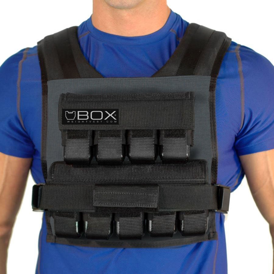 Man wearing BOX 45 lb CrossFit and gym-specific weight vest in steel – USA-made short weighted vest for high-intensity training and strength workouts