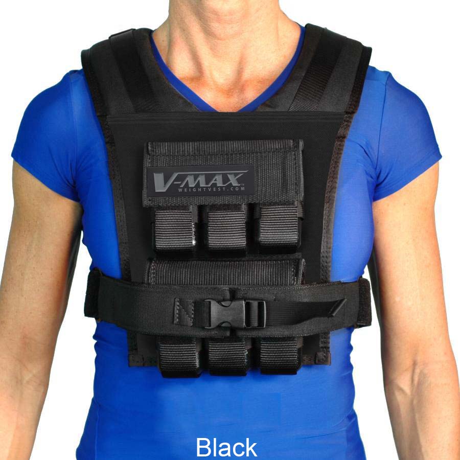 Woman training in gym wearing black 30 lb. V-Max Compact Weight Vest, slim fit design with adjustable 2.5 lb. weights for strength and fitness