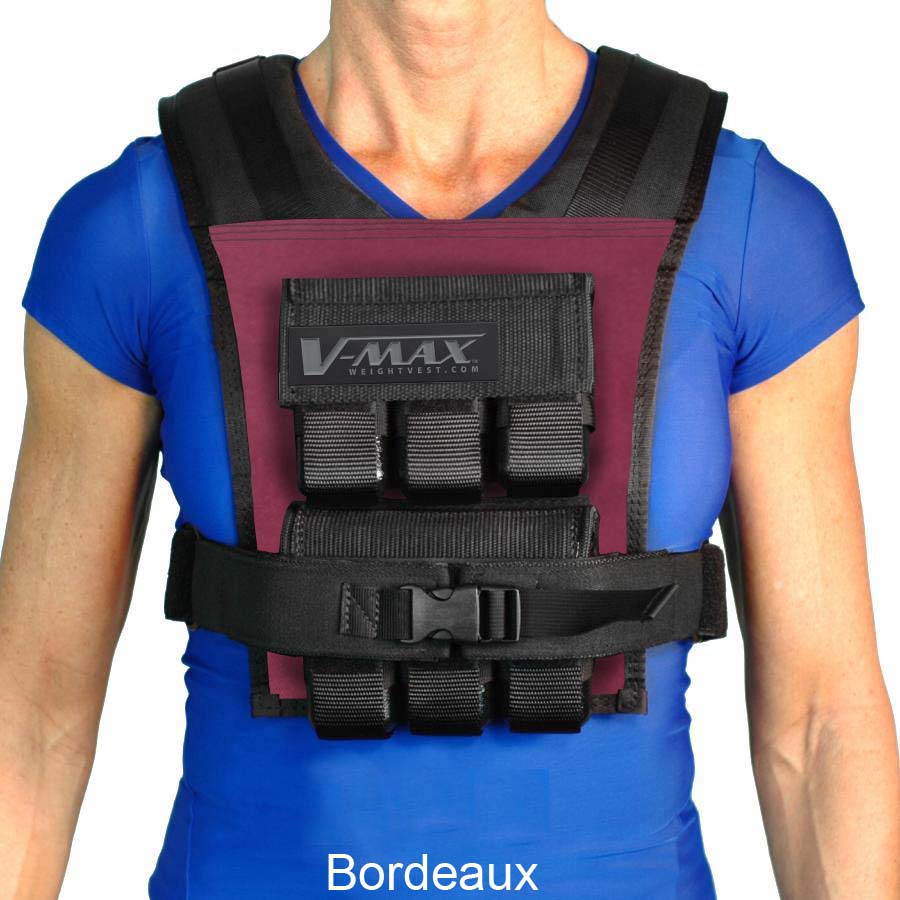 Person wearing a maroon and black weighted vest with V-MAX branding on a white background