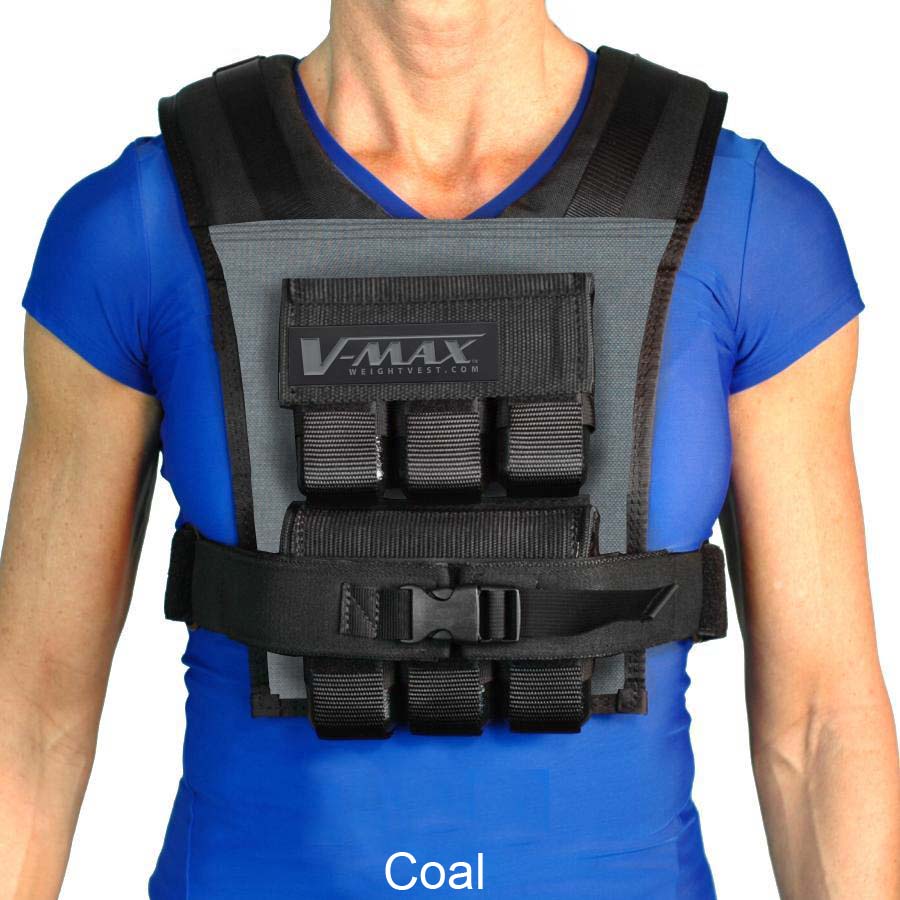 Person wearing a coal V-MAX weighted vest on a white background